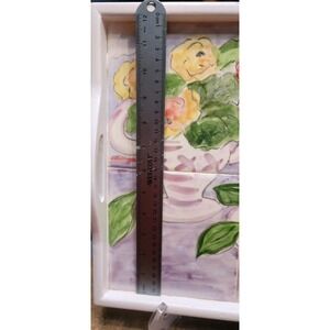 Debbie Sears Hand Painted Floral Fruit Ceramic Tile Wood Serving Tray 12x12